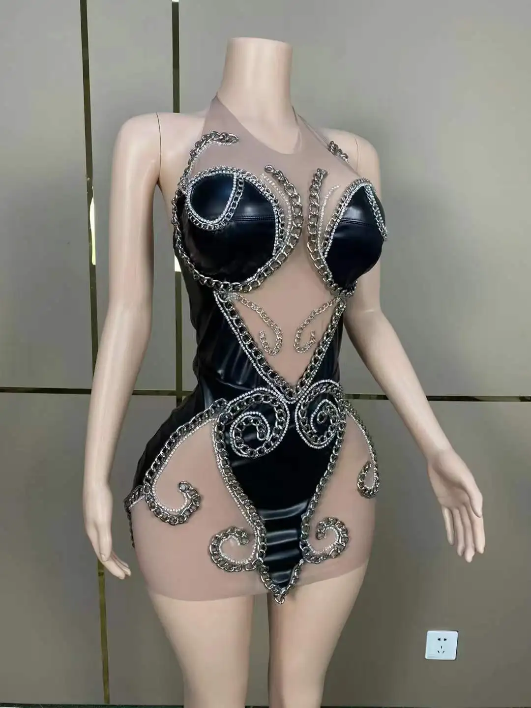 Mesh Sexy Chain Sheer Backless Dress For Women Las Vegas Showgirl Party Leather Performance Stage Wear Outfit Drag Queen Costume