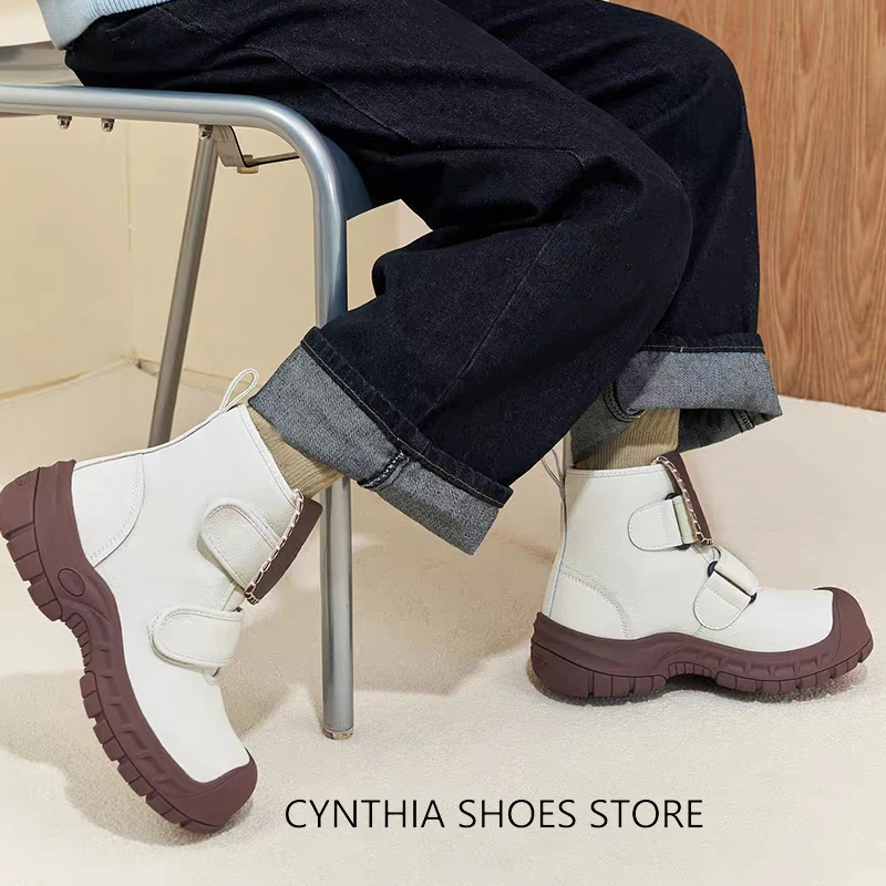 

New Leather Ankle Boots Women's Big Head Adhesive Hook Ugly Cute Fashion Marten Autumn Shoes Soft Daily Thick-soled Short Boots