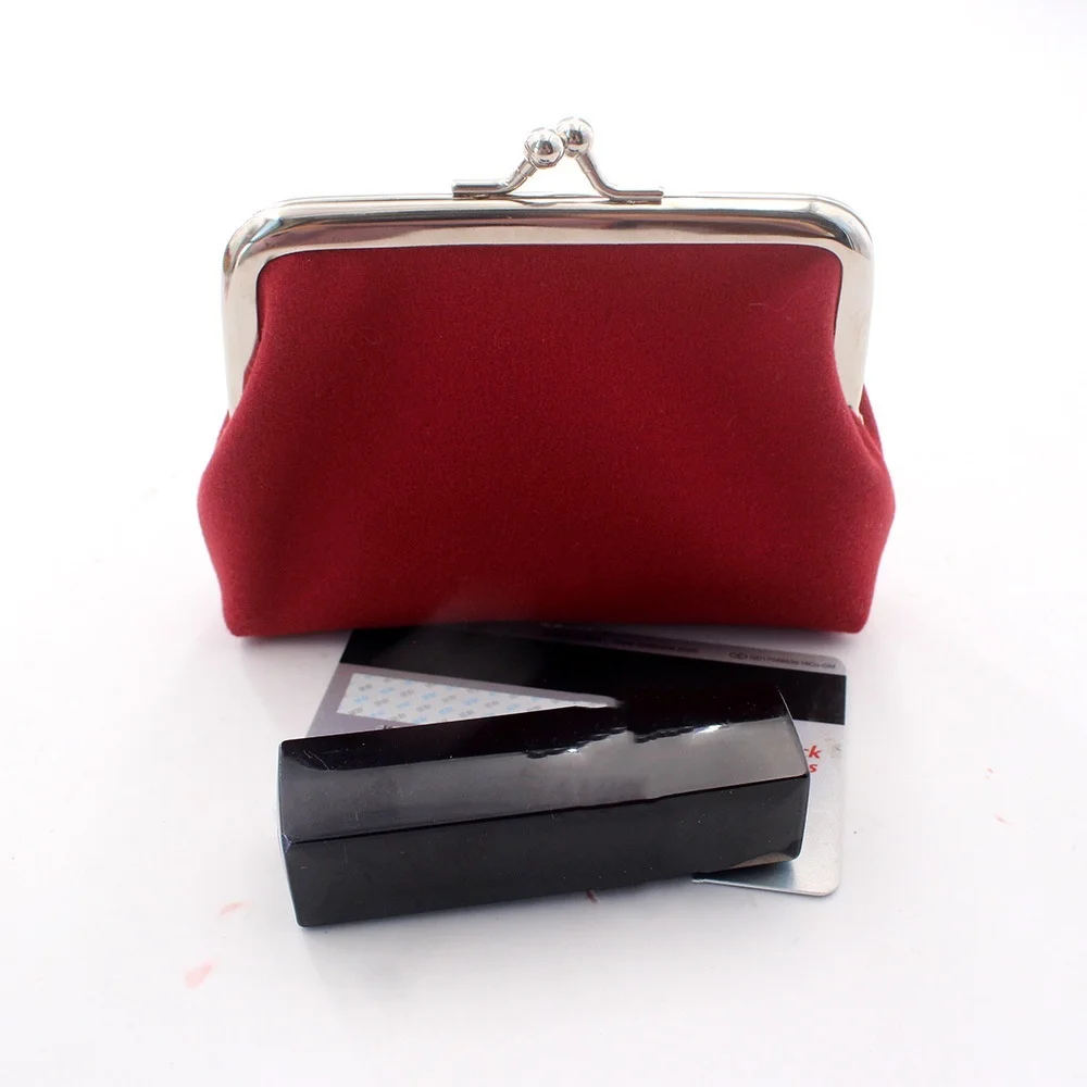 Vintage Solid Color Double Layer Clip Lock Women'S Coin Purse Mini Cute Kiss Lock Small Wallet Portable Credit Cards Storage Bag