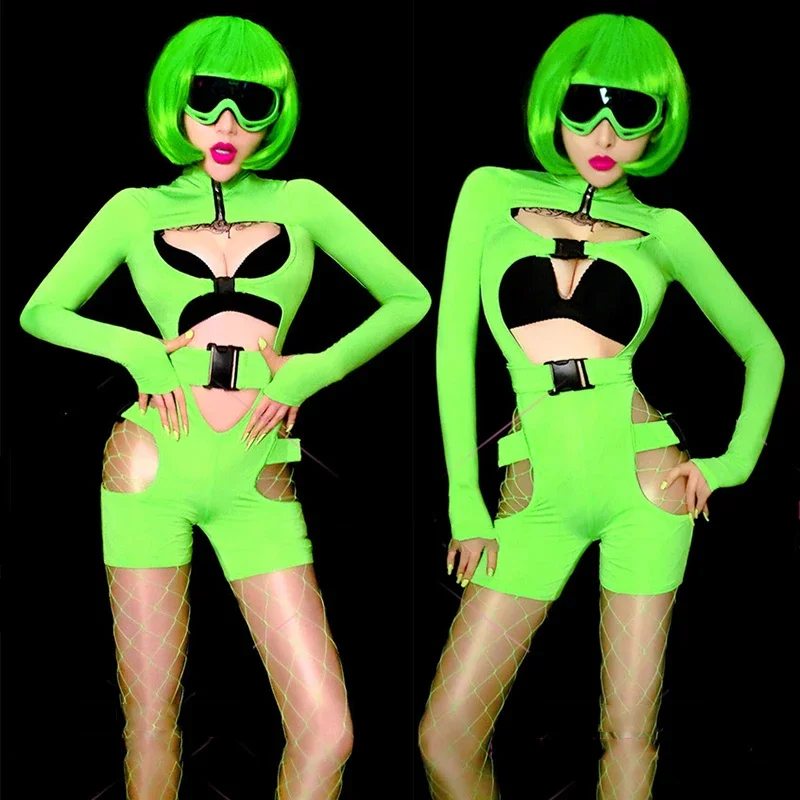 

Nihtclub Women Gogo Dancer Performance Costume Dj Dance Clothes Jazz Dance Rave Outfit Fluorescent Green Sexy Jumpsuit DNV15927