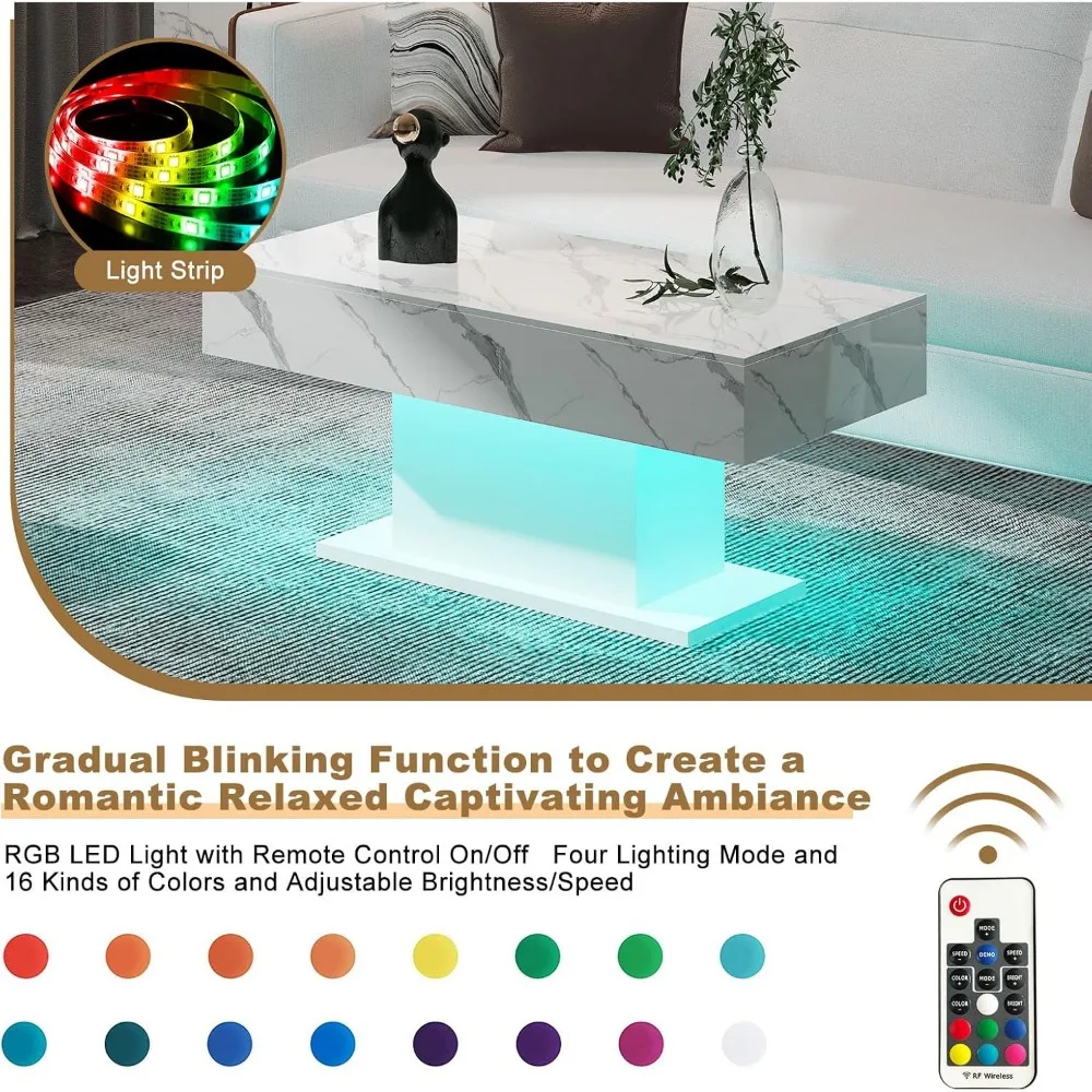 Led Coffee Table for Living Room, Living Room Table Rectangular Center Table, Modern High Glossy Wooden Coffee Tables with 16 Co 3