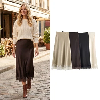Willshela Women Fashion Solid Lace Side Hem Pleated A-Line Midi Skirt Vintage High Elastic Waist Female Chic Lady Skirts