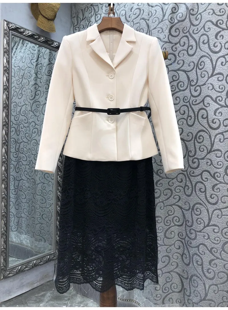 

Top Quality Designer Clothing Sets 2022 Autumn Winter Skirt Suit Women Long Sleeve Coats+Mid-Calf Black Lace Skirt Sets Female
