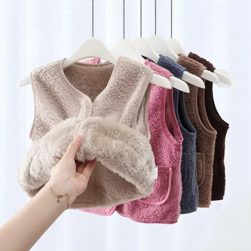 Autumn Winter Baby Lamb Wool Warm Waistcoat Girls Boys Plush Vest Single Breasted Double Layer Child Warm Fashion Coat