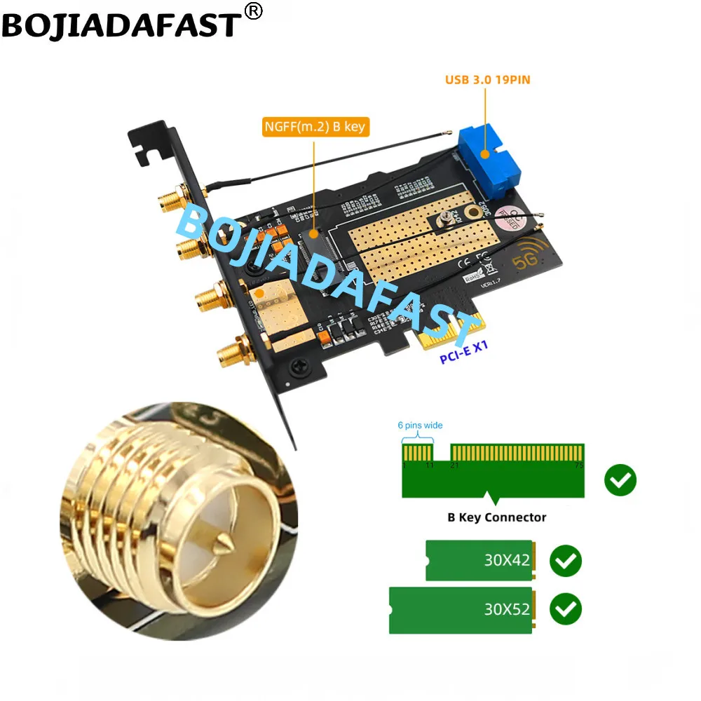 Cartão Adaptador sem Fio com Slot Dual Nano Sim Módulo Gsm Modem Pci-e 1x Pcie x1 para Ngff M.2 B-key 5g 4g Lte - Imagem 3