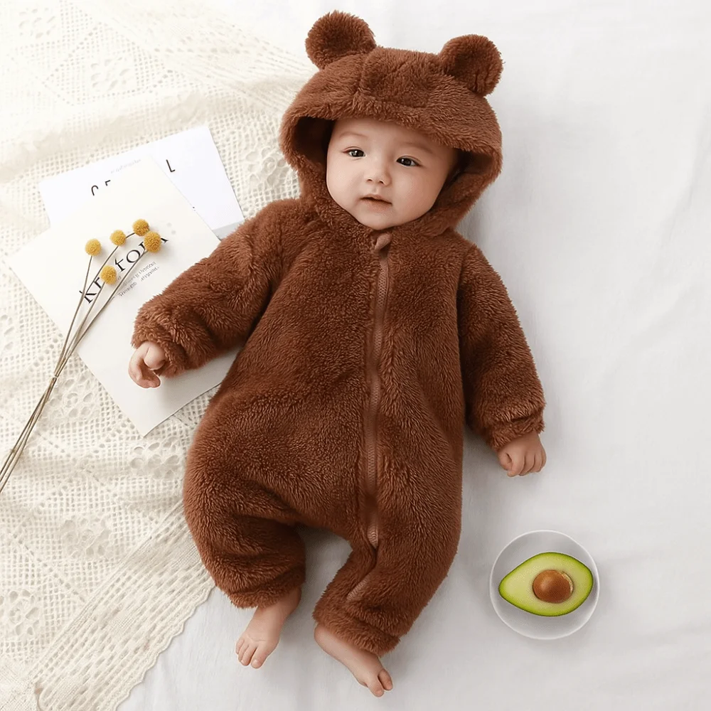 Thick Warm Baby Rompers Coral Fleece Soft Velvet Infant Jumpsuits Bear Shape Hooded Zipper Newborn Pajamas Winter Season