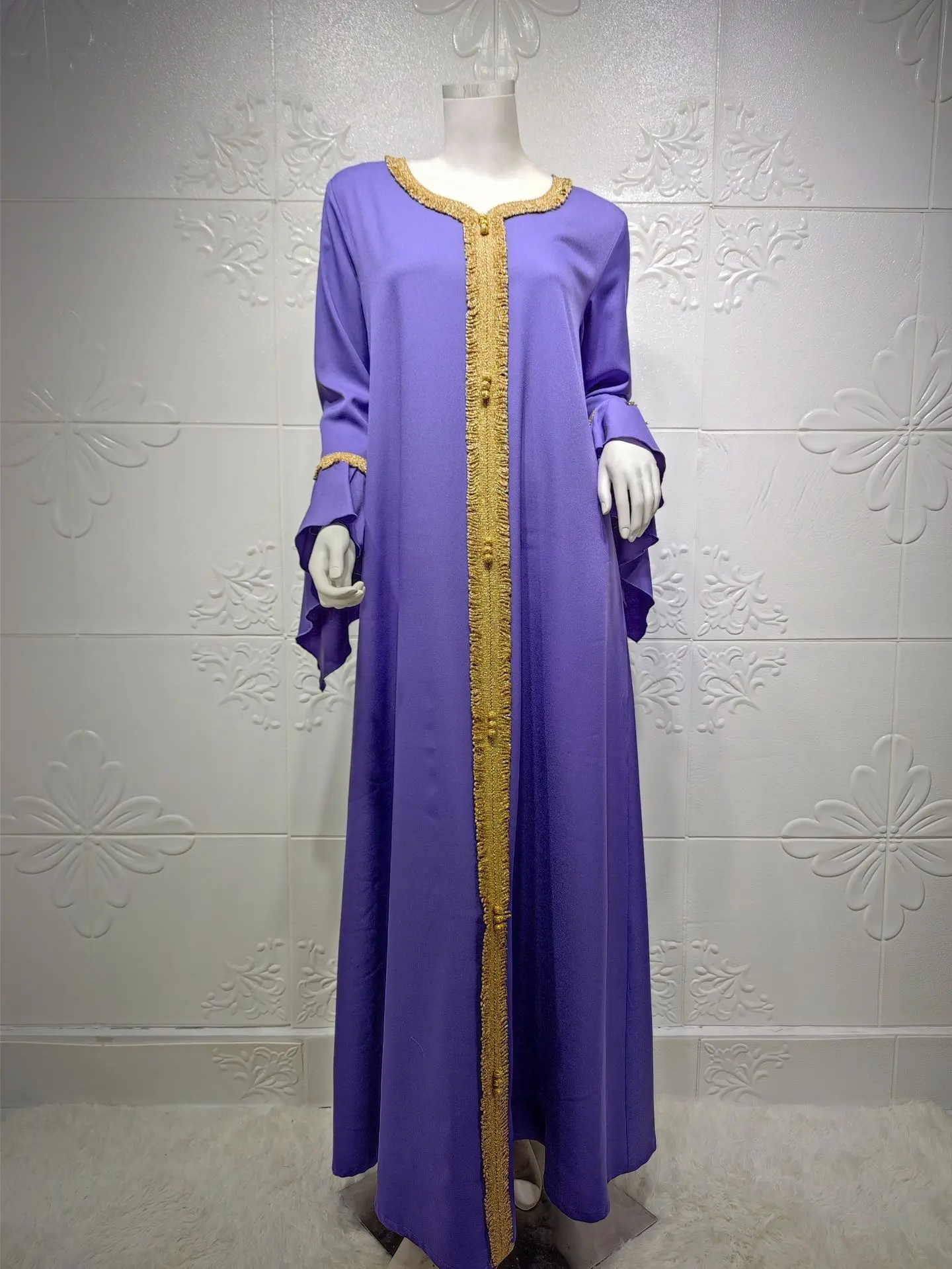 Eid Mubarak Kaftan Dubai Abaya Turkey Muslim Ruffle Sleeve V-Neck Gold Tape Long Dress Women's Jalabiyat Ramadan