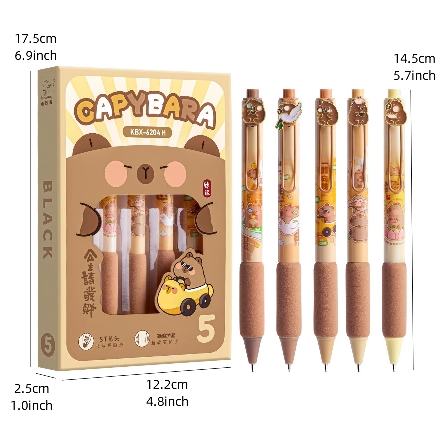 5pcs Capybara Gel Pens Set Metal Cartoon Patch 0.5mm Ballpoint Black Color Ink for Writing F7629 5