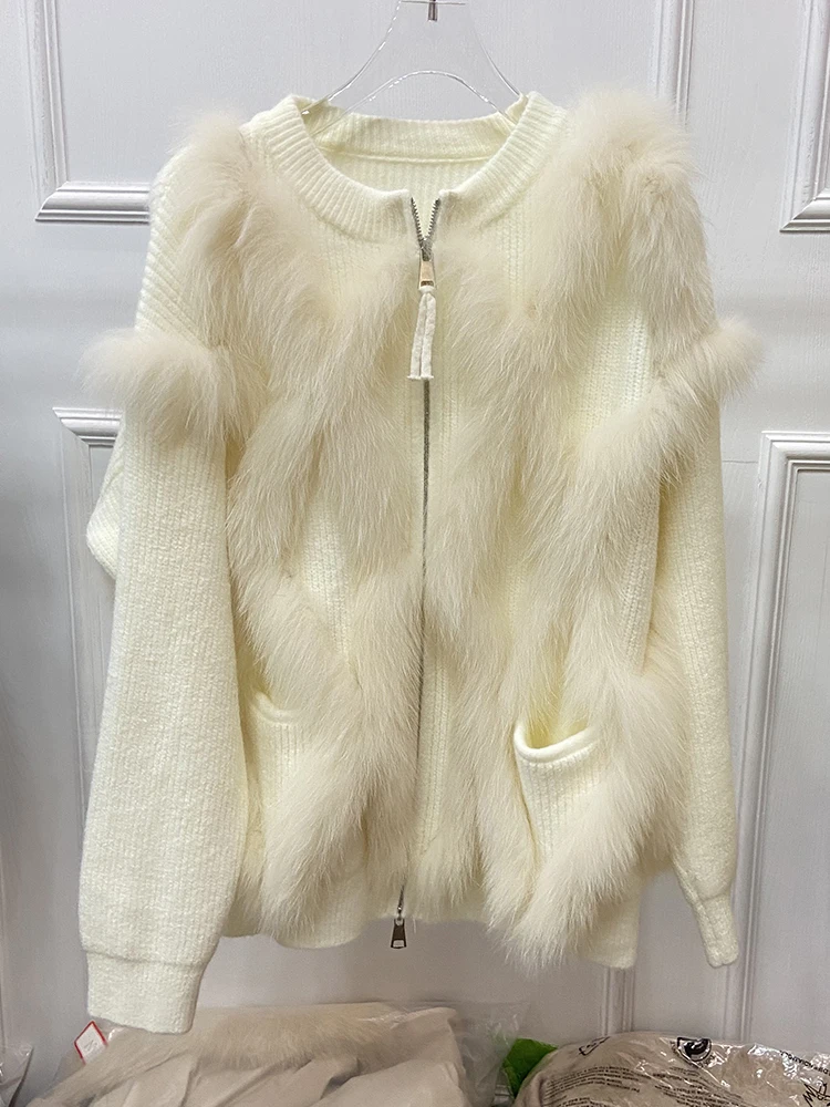 

2023 Women Winter Real Fox Fur OverSize Coat Autumn Fox Fur Loose Knitted Jacket Lady's Fashion Zipper Sweater Coat