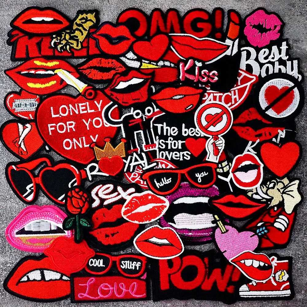 Red Mouth Lip Print Patches for Clothing Iron on Patch Embroidery Appliques Decorative Embellishments Repair Personality Fabric