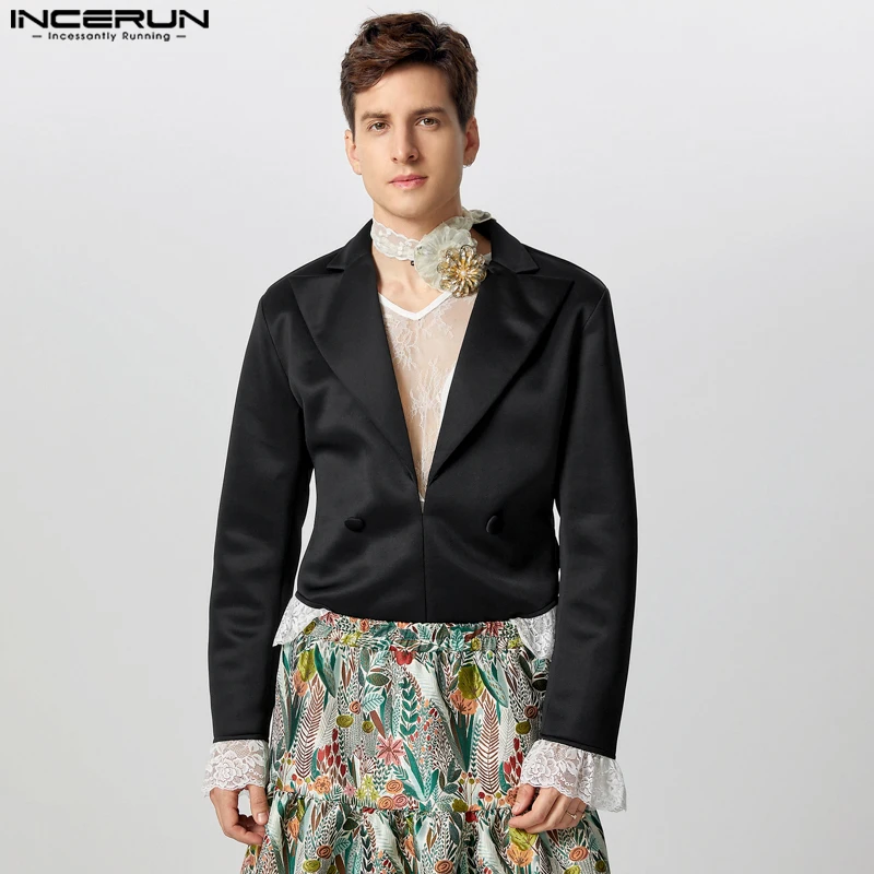 INCERUN Men Long Sleeve Elegant Bodysuits Solid Color Lacing Splicing Jumpsuits Spring Handsome Lapel Colalr Loungewear