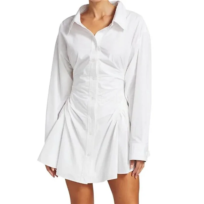 

White/black Cotton Shirt Dress Casual Women 2023 Spring Summer Elegant Long Sleeve Draped Mini Dresses