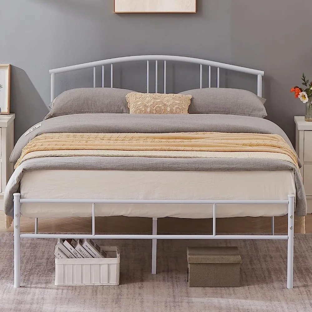 

14inch Queen Bed Frame White Beds Metal Platform Mattress Foundation with headboard Footboard Steel Slat Support