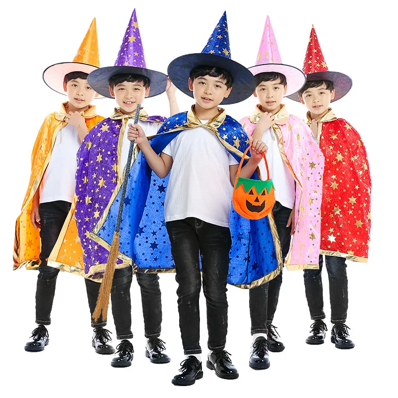 Kids Cosplay Costume Sydanne Kids Magician Wizard Cloak Hat Cosplay Costume Hot Stamping Five-pointed Star Cloak Party Costume Halloween