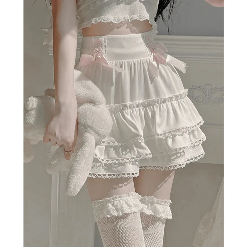 

y2k Skirt Coquette Clothes Women Cute Bow Elastic High Waist Layered Ruffle A-Line Skirt Lolita Kawaii Skirt Streetwear