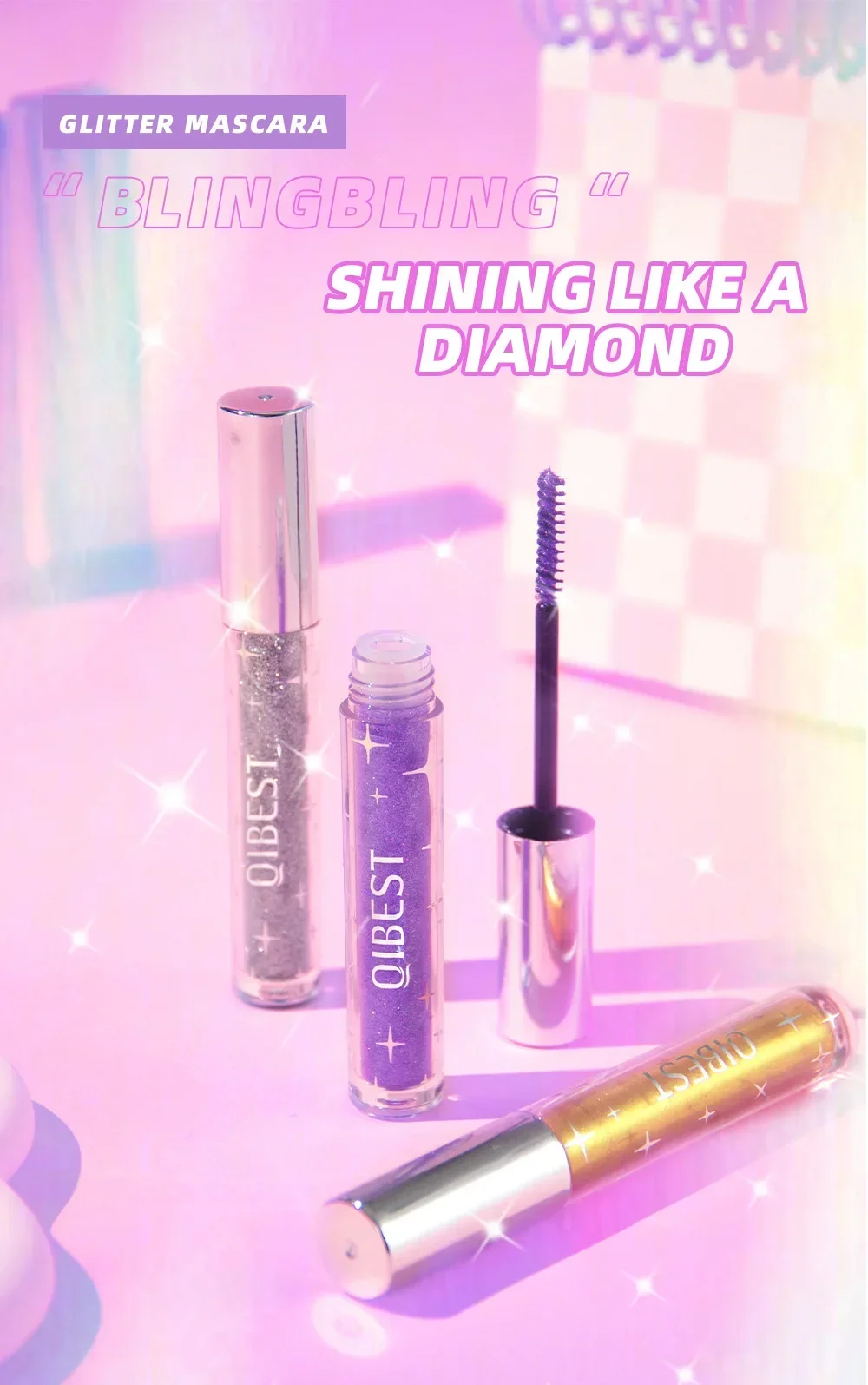 Description Picture 2 of itemSliver Gold Purple Glitter Mascara Quick Dry Long Lasting Waterproof Curling Thick Shiny Eyelash Sexy Diamond Mascara Makeup