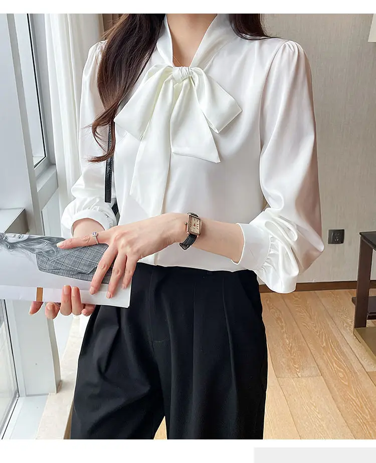 Korean Lacing Loose Solid Blouse Spring Autumn New Chiffon Long Sleeve All-match Elegant Shirt Tops Fashion Office Women Clothes