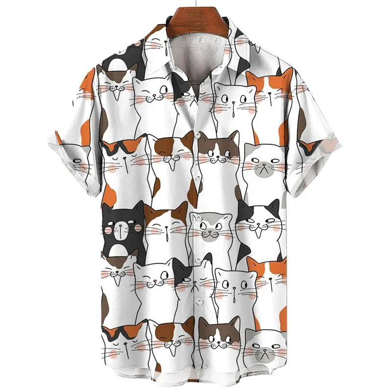 Camisa hawaiana con estampado 3D de gato de dibujos animados para hombre, blusa con estampado divertido de animales, blusa holgada de moda urbana de verano con solapa, mangas cortas