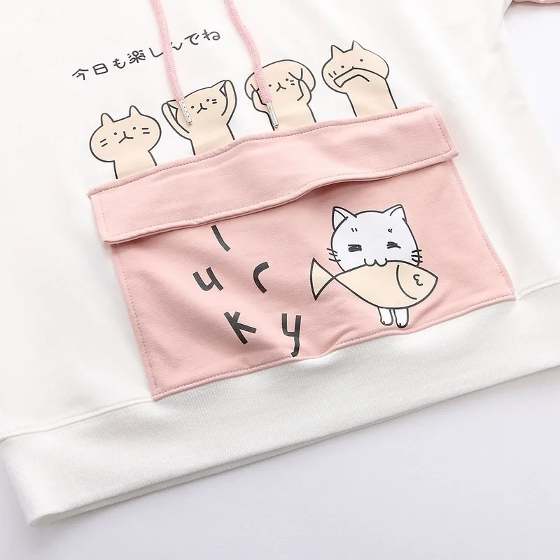 Pink Kawaii Hooded Pullovers 2023 Spring Soft Streetwear Tops for Girls Women Harajuku Japanese Sweet Cute Cat Fish Hoodies New