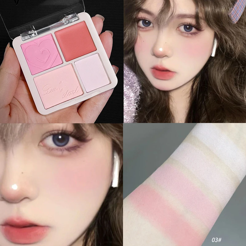 Palette de fards à joues en poudre rose pêche, 4 couleurs, surligneur, mat, extensible, éclaircissant, pour le visage, Rouge, maquillage, teinte des joues