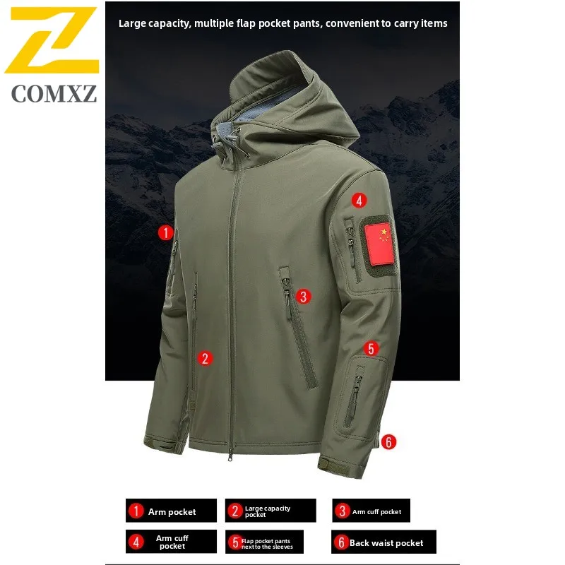 Men's Camo Fleece Lined Softshell Jacket Windproof Thermal Outdoor Coat for Hiking Hunting Tactical Military Style Windbreaker