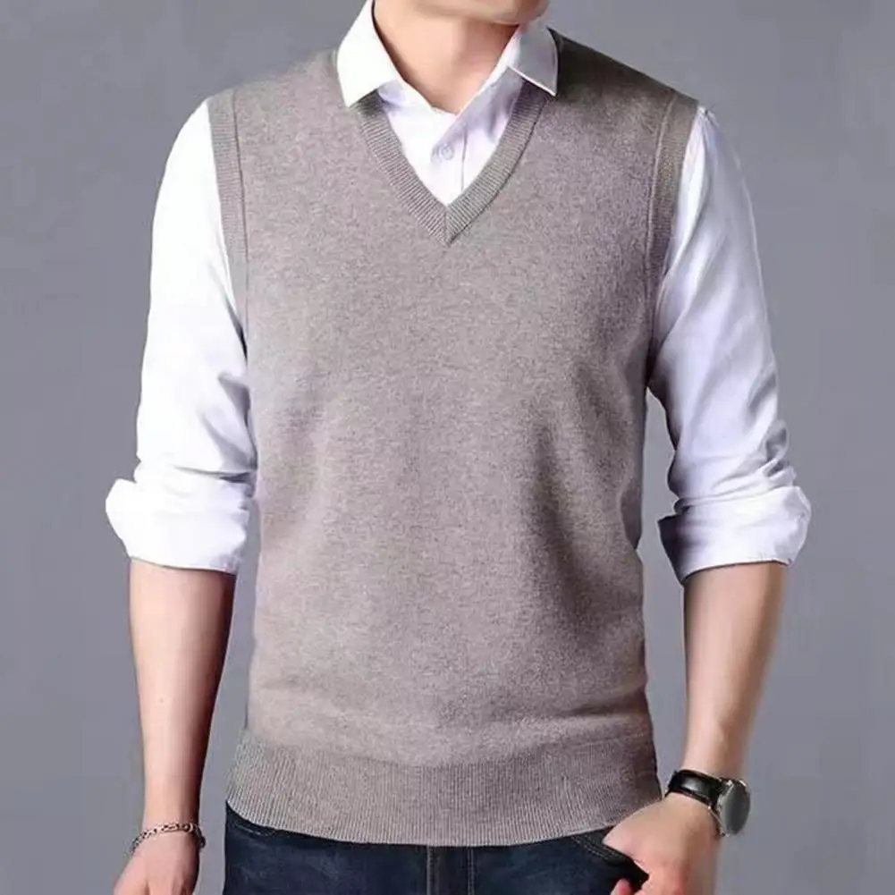 

Mid-aged Men Knitted Sweater Vest Solid Color V-neck Sleeveless Pullover Waistcoat Slim Fit Ribbed Cuffs Tank Top