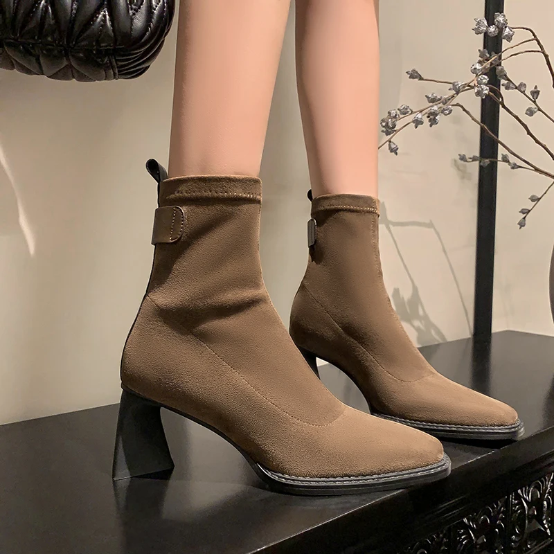 

Retro Suede Women's Fashion Boots Square Toe Thick Heels Back Zipper Woman Ankle Boots 2023 Autumn New Female High Heels Shoes