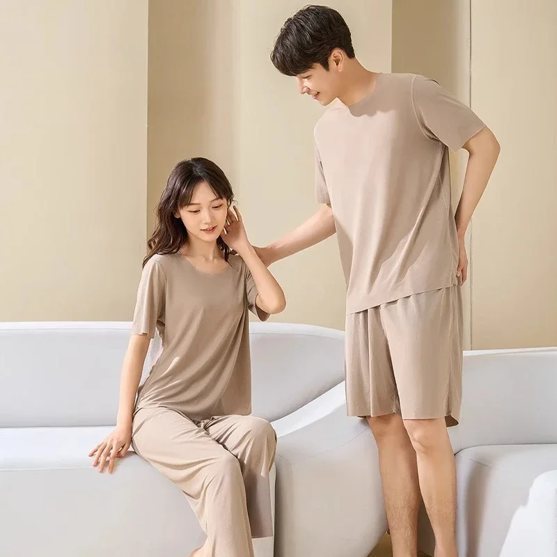 Ice Silk Seamless Pajamas Sets Summer Casual Round Neck Short Sleeved Couple Cool Sleeping Pants Ultra-thin Home Suit Set women pajamas set women pajama suit cotton pajamas set