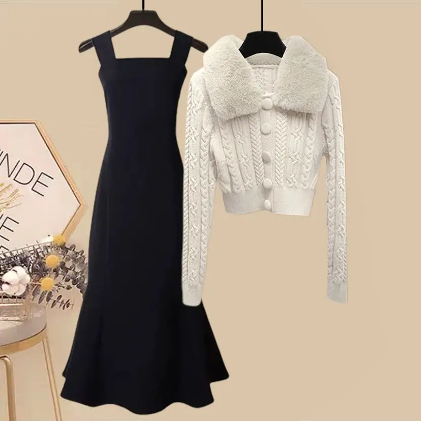 Autumn and Winter Set Women's 2023 New Korean Sexy Slim Short Sweater Slim Fit Fishtail Dress Two Piece Set Fashion