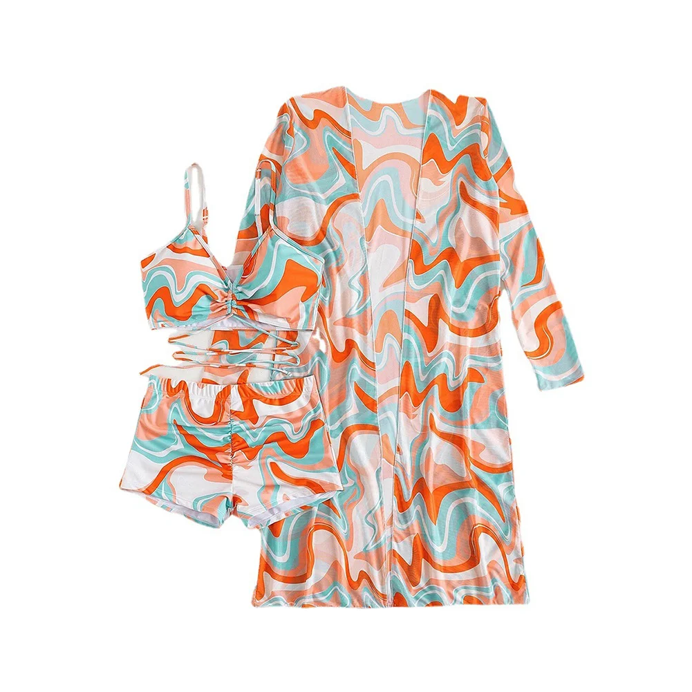 

2023 Swimsuit Women's Split Three Piece High Waist Bikinis Set Long Sleeve Blouse Drawstring Swimwear