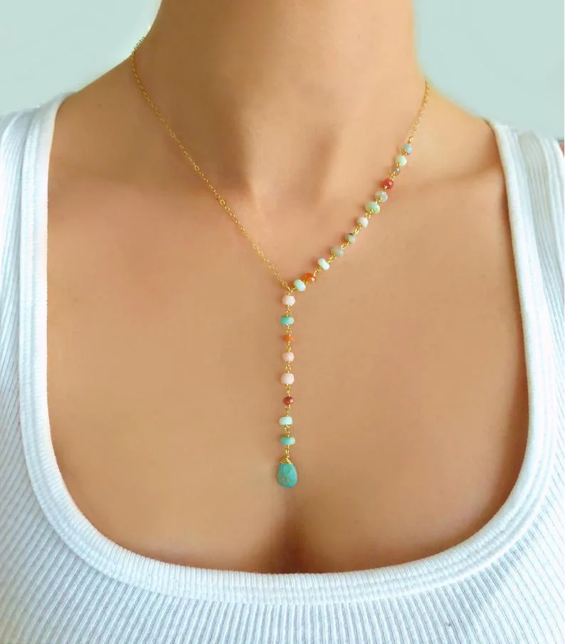 

New Turquoise Pendant Color Rice Bead Chain Necklace Women Temperament Fashion Simple Necklace N1333