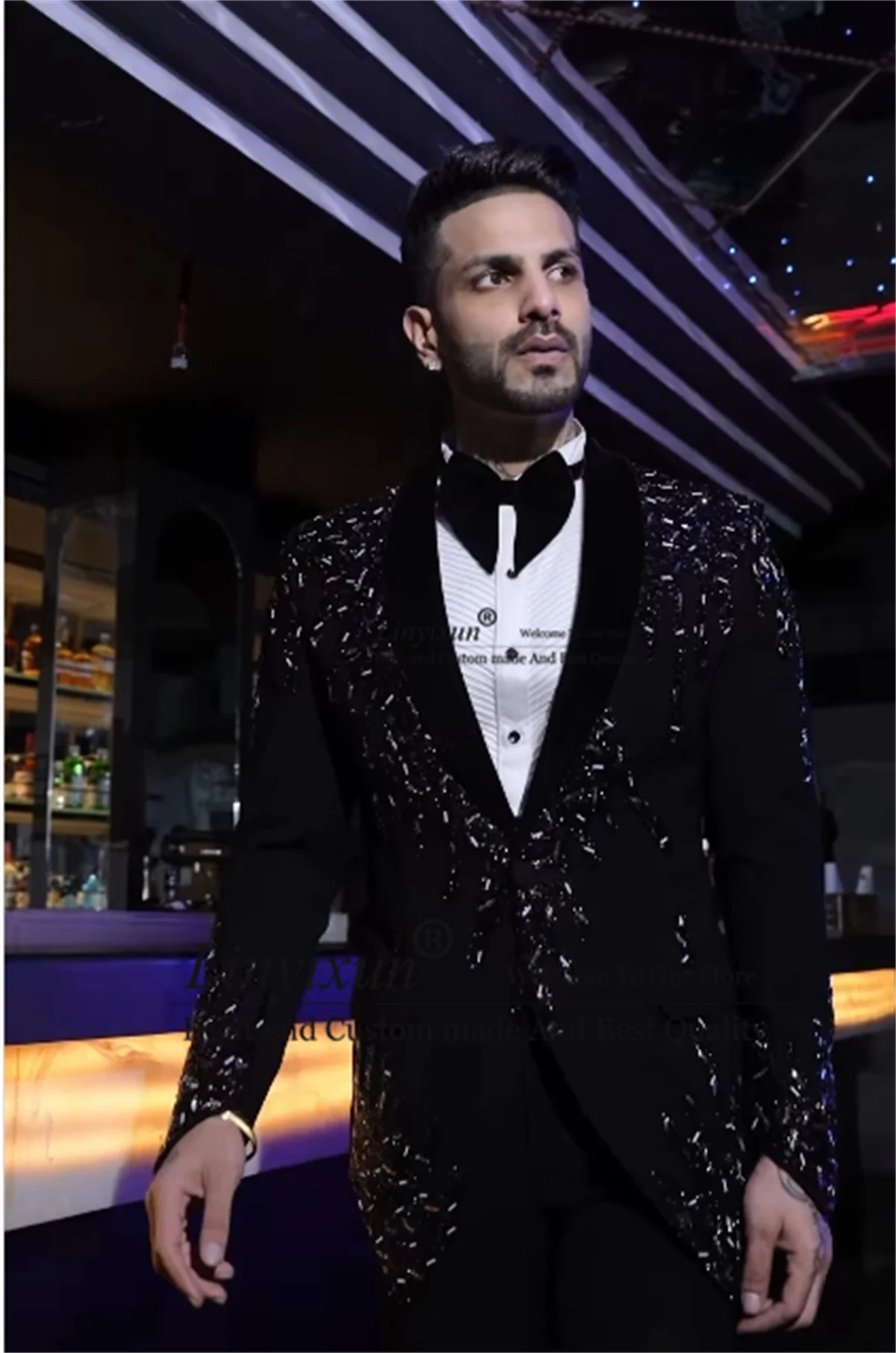 Stunning Beaded Crystals Men Suits Customized Male Prom Party Blazer  2 Pieces Sets Groom Wedding Tuxedos Slim Fit ropa hombre 2
