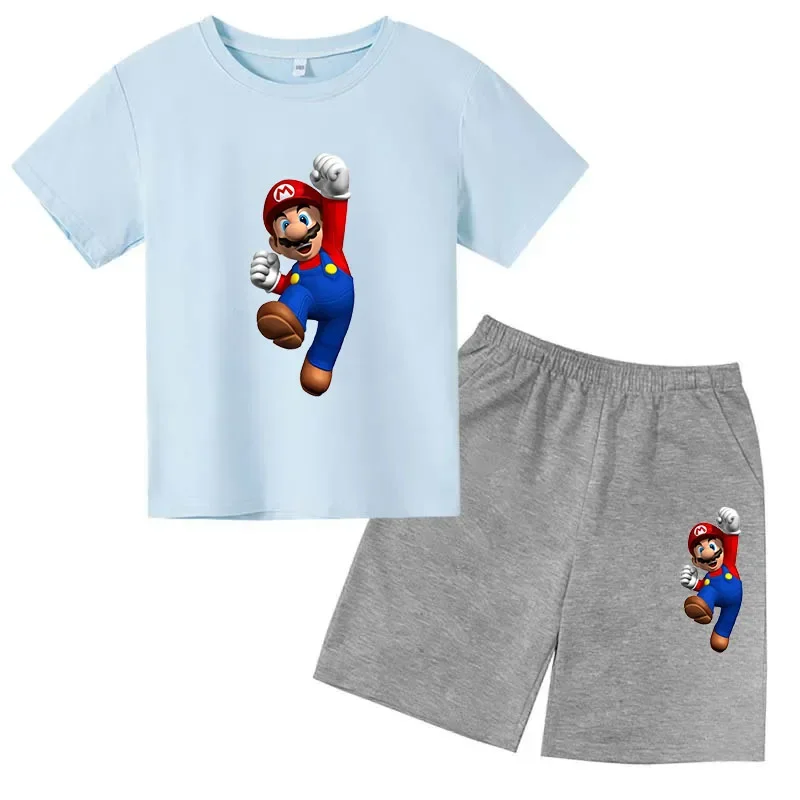 thumbnail image 1 of Conjunto de 2 piezas de camiseta y pantalones cortos de Mario de manga corta de verano para niños y niñas de 3 a 12 años, conjunto deportivo informal para niños, 1 of 5