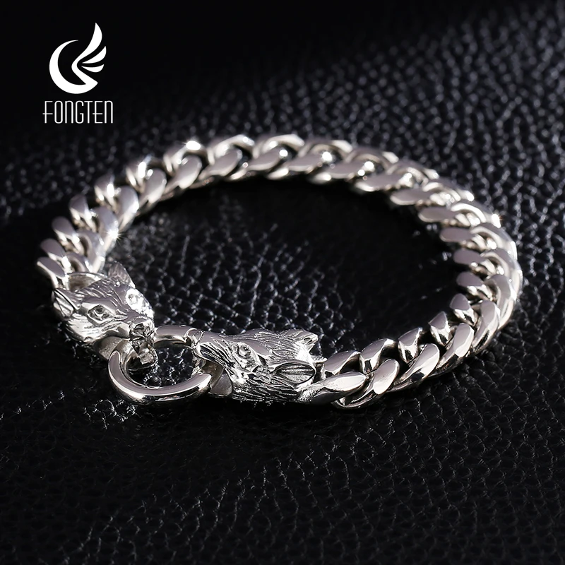 

Fongten 21.5cm Double Wolf Bracelets For Men Stainless Steel Cuban Chain Wrist Men Bracelet Bangle Gothic Multiple Color Jewelry