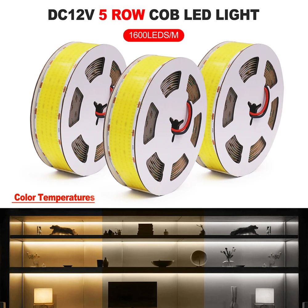 1600 LED COB LED 스트립 DC 12V 24V 5열 2핀 와이어 3000K 4000K 6000K 플렉시블 램프 0.5m 1m 2m 3m 4m 5m 가정용 조명