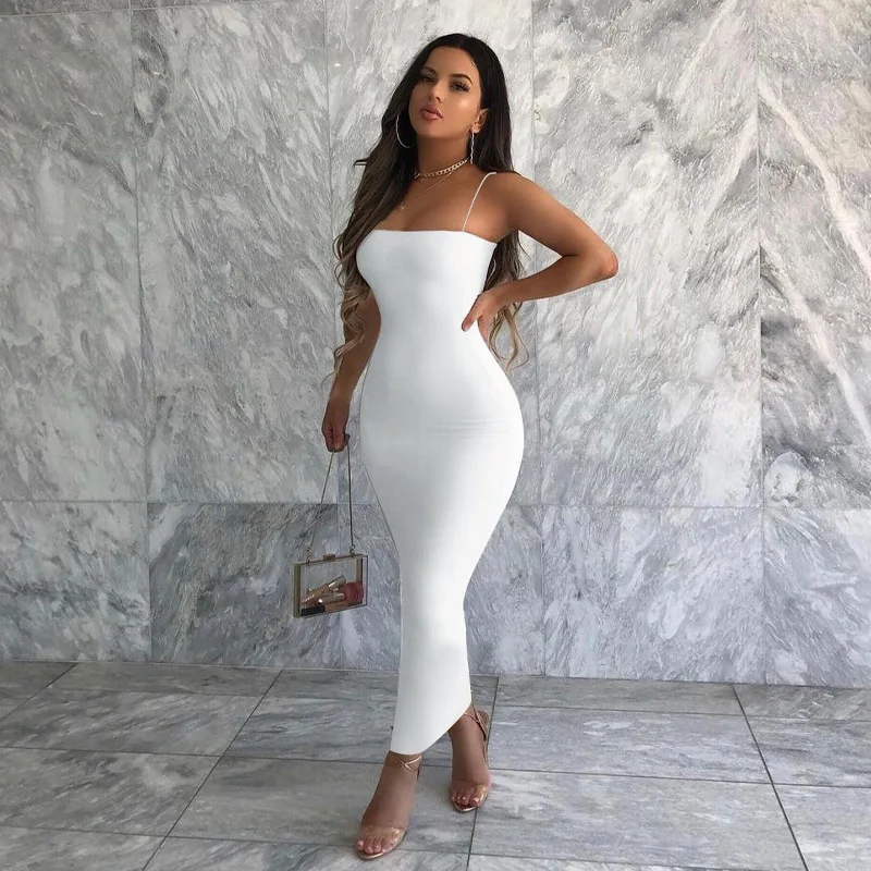 Nsangu 2024 Autumn Winter Women Solid White Black Strap Midi Dress Bodycon Sexy Streetwear Party Club Elegant Fashion Clothes 2