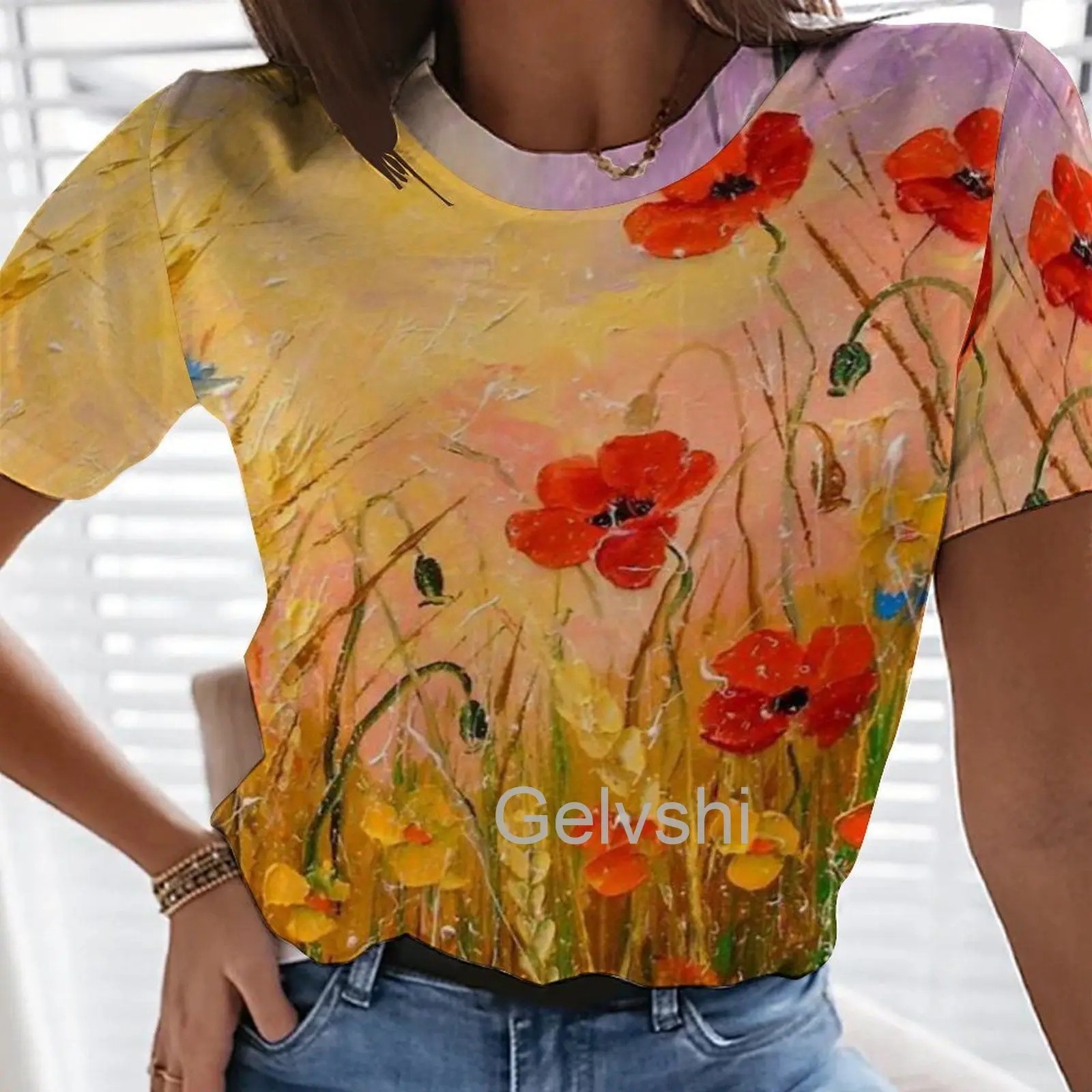 Women T-shirts Floral Gradient 3d Print T Shirt Female Short-sleeve Streetwear y2k Clothes Vintage Stitch Tops Aesthetic Blouses graphic tees