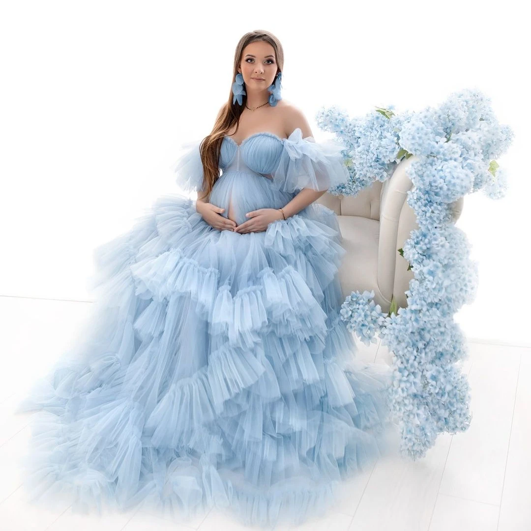 Baby Blue A Line Maternity Robes for Photo Shoot Off Shoulder Tiered Ruffles Pregnant Women Dresses Sexy Baby Shower Gowns