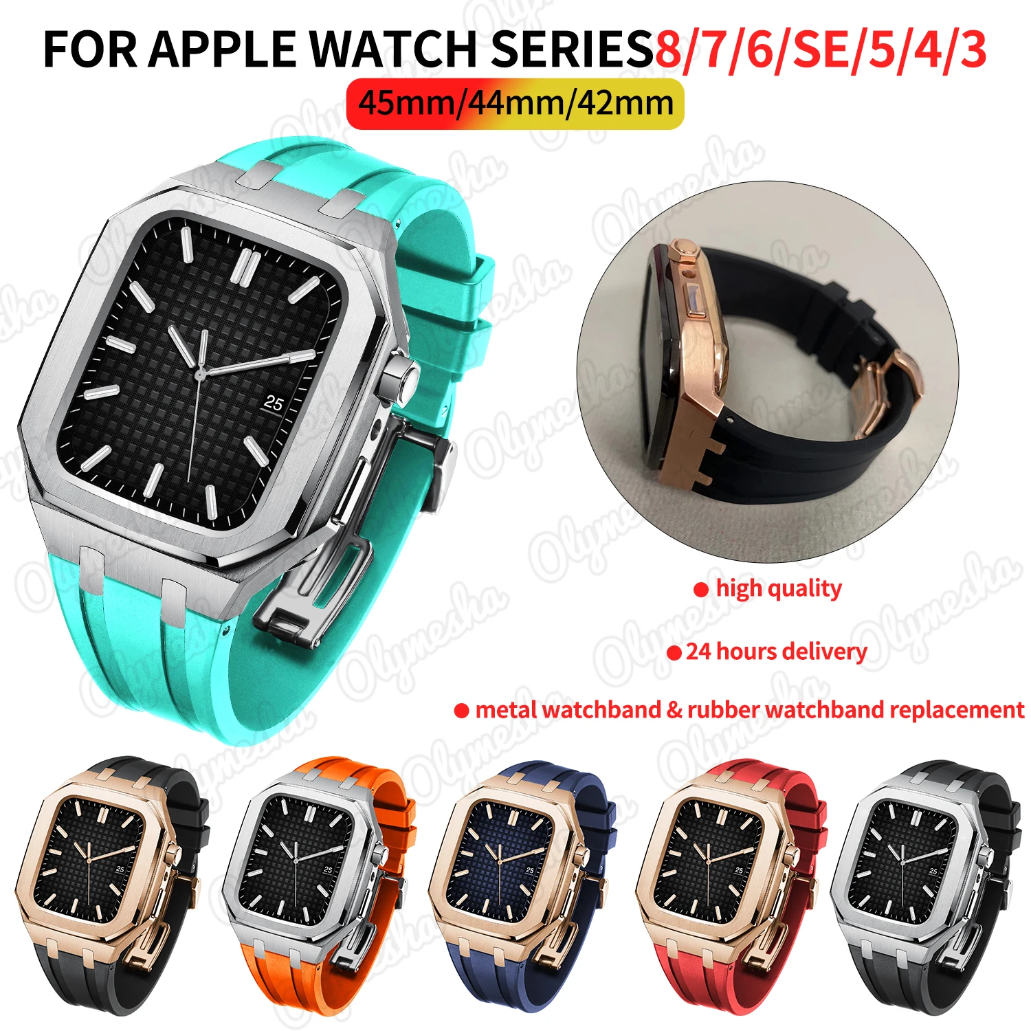 Модификация мод комплект Matel ремешок + фотоэлемент для Apple Watch серии 8 7 SE 6 45 мм 44 мм стальной ремешок для наручных часов браслет для iwatch3 42 мм