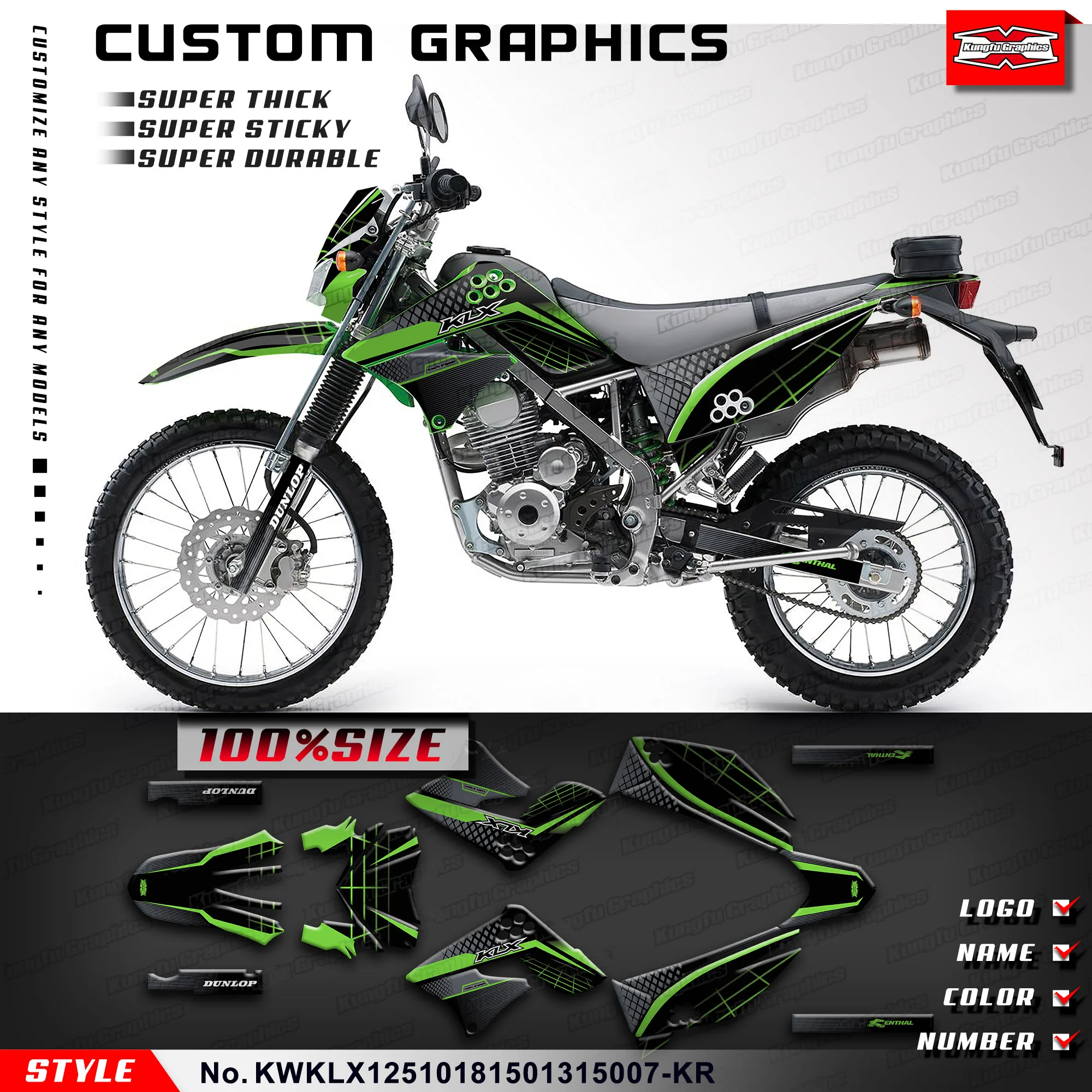 

KUNGFU графические внедорожные наклейки MX Набор наклеек для Kawasaki KLX125 KLX150 2010 2011 2012 2013-2018, KWKLX12510181501315007-KR