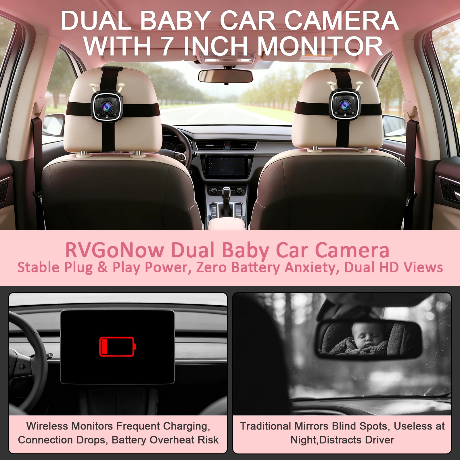 Telecamera per Auto con Doppio Canale e Display HD da 7 Pollici, Visione Notturna IR, Monitoraggio in Tempo Reale, Monitor per Bambini e Animali Domestici da Sedile Posteriore - immagine 4