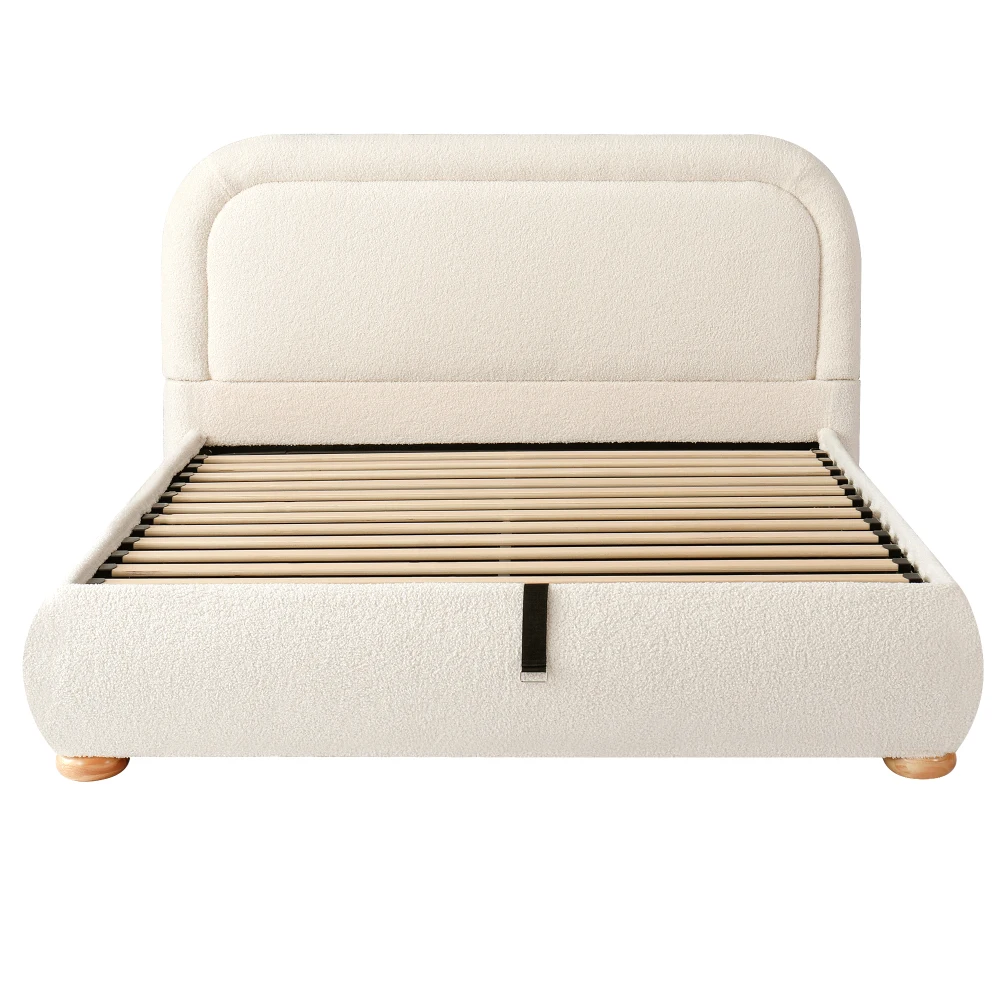Curly Fabric Bunk Bed Modern Double Bed Hydraulic Adjustable Slatted Base Upholstered Headboard Multifunctional Bedroom Storage