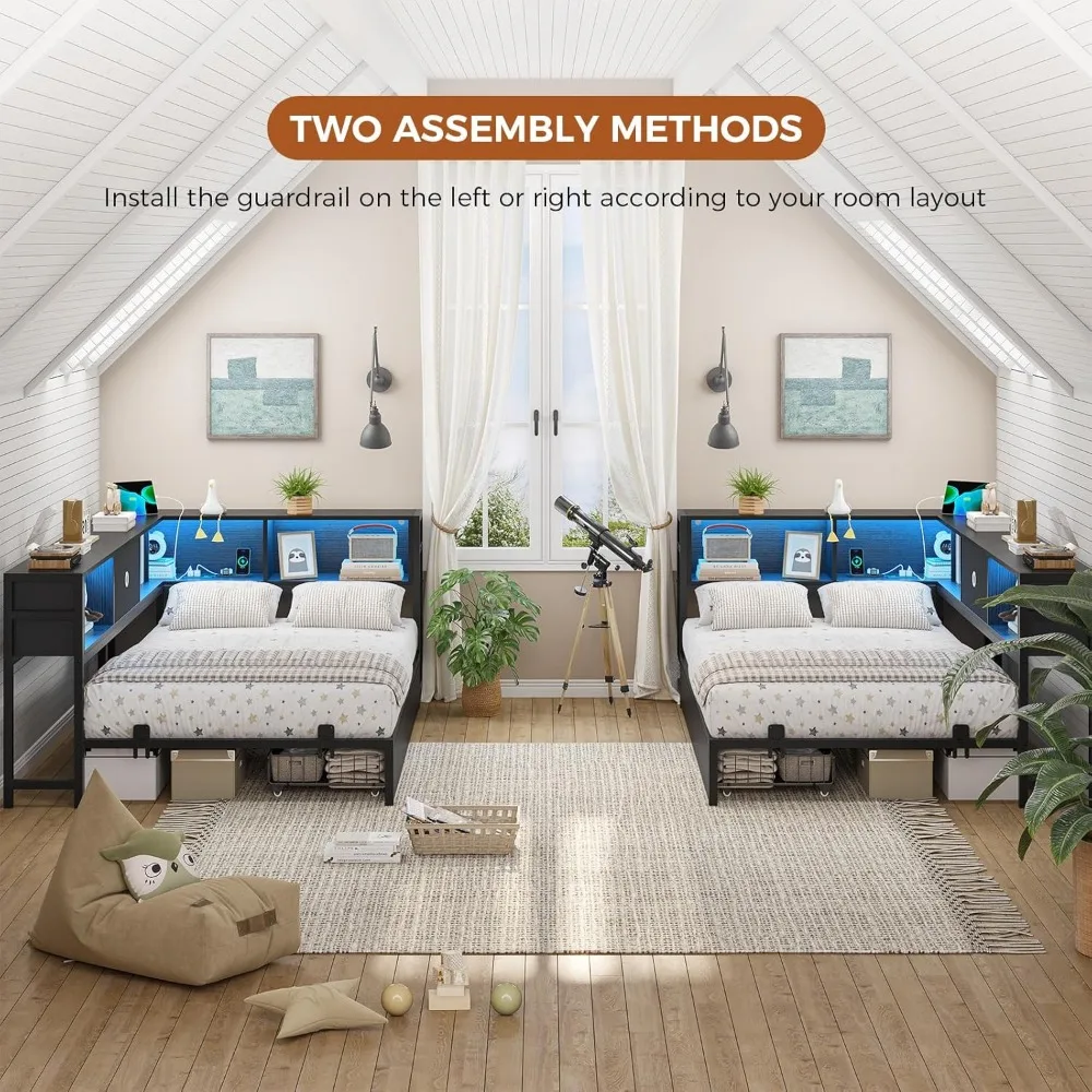 DICTAC Corner Bed Frame with Bookcase Storage and Led Lights Twin XL Metal Platform Bed Frame with Storage Drawers & Charging St