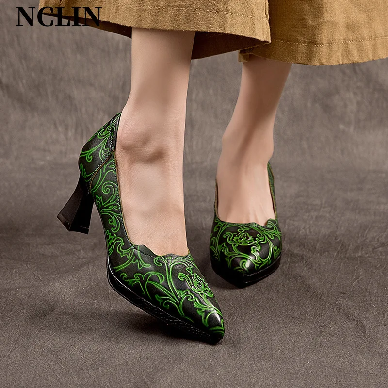 

2024 Spring New Genuine Leather Women's Shoes Chunky Heel Pointed Toe Shallow Single Shoes Women Pumps Zapatos Mujer Handmade