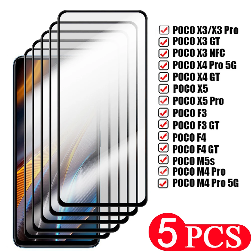 

5Pcs Tempered glass For xiaomi Poco X5 X4 X3 M4 pro F4 F3 GT M5 M5s NFC protective film phone screen protector Smartphone Glass