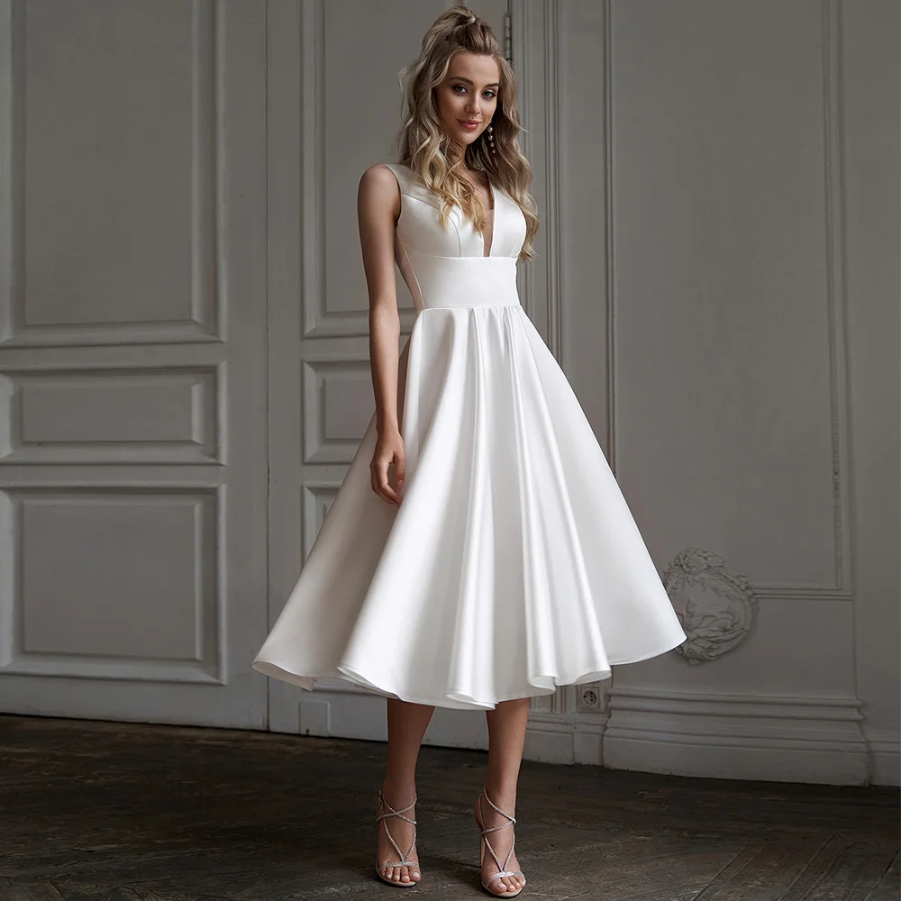 Simple Bride Dress V Neck White Satin Sleeveless Short Wedding Dresses