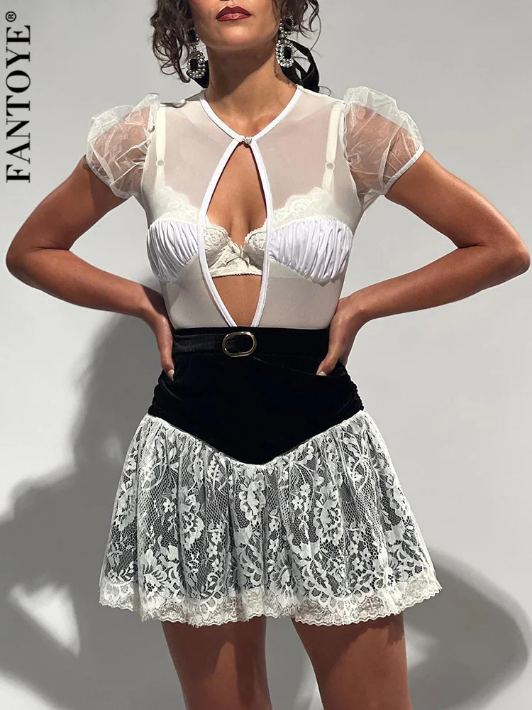 

Patchwork See Through Women Bodysuit White Short Sleeve Hollow Out Bodysuit Female Summer New Skinny Fashion Streetwear