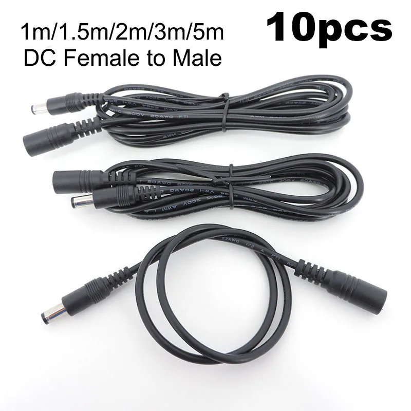 10 szt. Kabel zasilający DC wtyczka żeńska do męskiej przedłużacz przewód przyłączeniowy Adapter przewodu 5.5x2.1mm do 12V taśmy lekki aparat E1