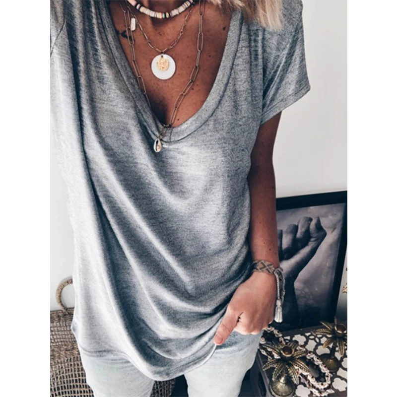 

Cherry Invasion Casual Summer Solid Color Loose V-Neck T-Shirt for Women