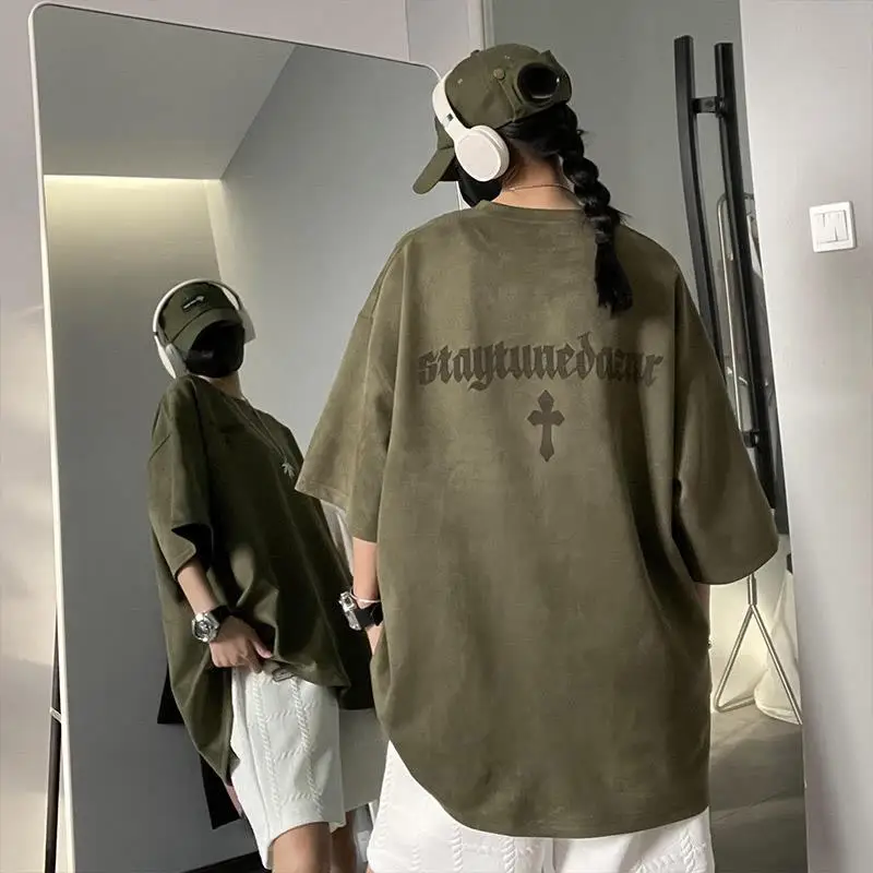

Retro printing technology imitation summer suede T shirt for men women versatile couple short sleeves trendy oversized t shirt